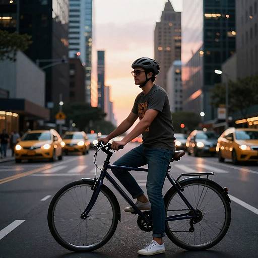 Photograph of a bearded man in a grey t-shirt and jeans, wearing a black helmet, riding a black bicycle on a busy urban street at