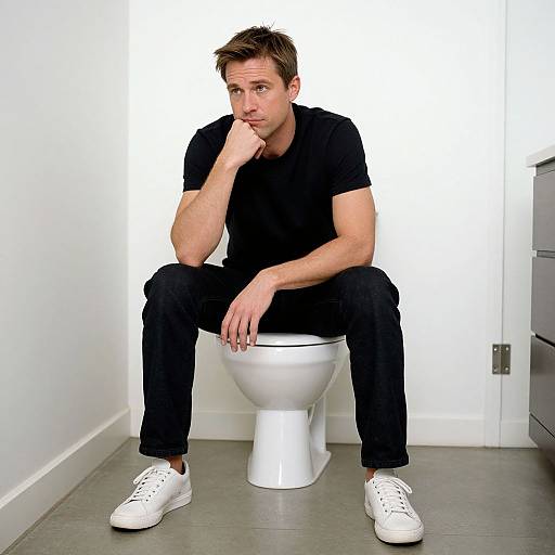 Photograph of a young Caucasian man with short brown hair, wearing a black t-shirt, black jeans, and white sneakers, sitting thoughtfully on a