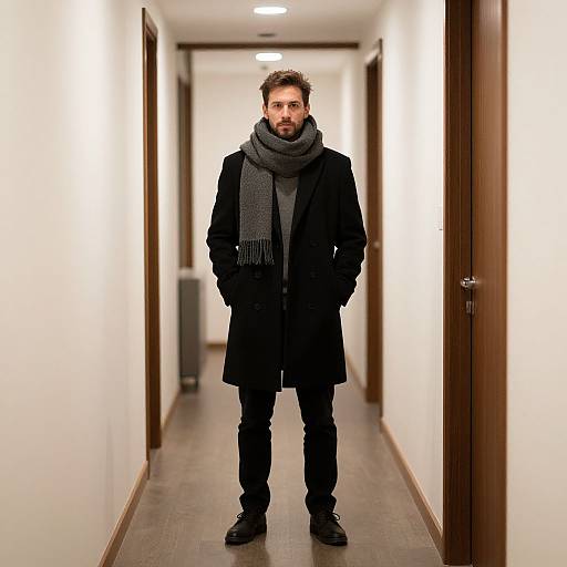 Photograph of a bearded man in a black coat and gray scarf standing in a brightly lit, narrow, wood-paneled hallway.