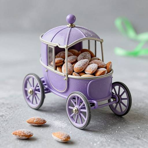 Photograph of a small, purple, vintage-style carriage toy filled with sugar-coated nuts, with scattered nuts on a gray textured surface.