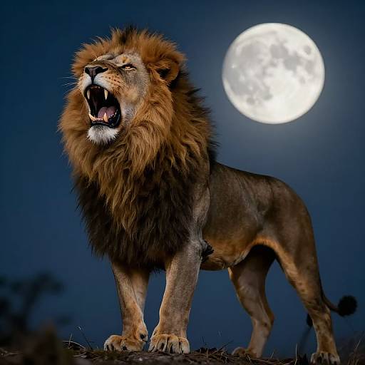 Photograph of a roaring male lion with a dark mane against a night sky, full moon in the background.