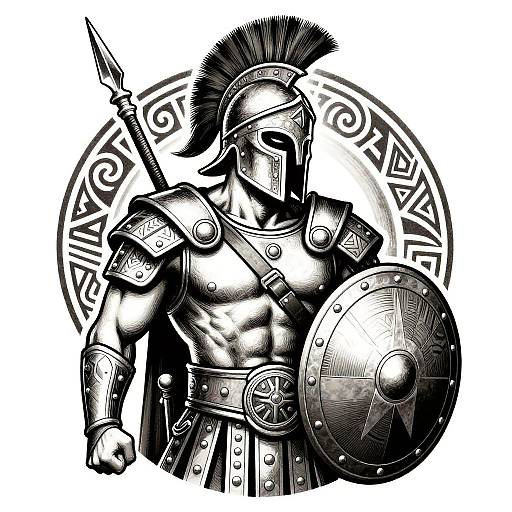 Black-and-white digital drawing of a muscular Greek hoplite with helmet, plume, spear, and shield, surrounded by circular tribal patterns.