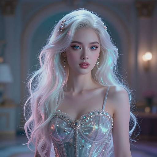 Digital art of a beautiful, fair-skinned woman with long, wavy, platinum blonde hair, wearing a sparkling, silver corset, with blue