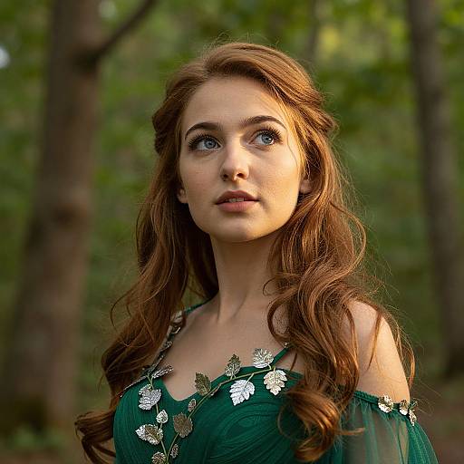 Photograph of a young woman with long, wavy auburn hair, wearing a green, off-shoulder dress with silver leaf embroidery,