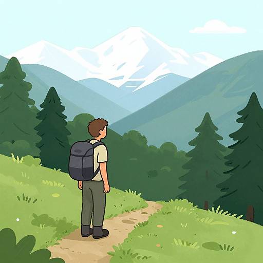 Digital illustration of a man with brown hair, wearing a white shirt, green pants, and a blue backpack, standing on a grassy trail, looking