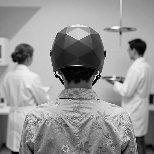 Person with Geometric Helmet in Clinical Setting