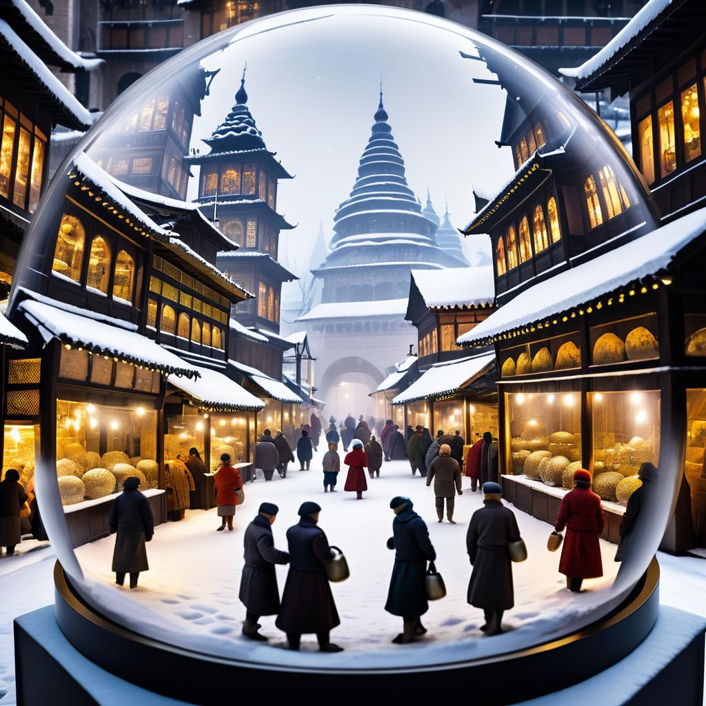 Vibrant Ancient Market in Snow Globe