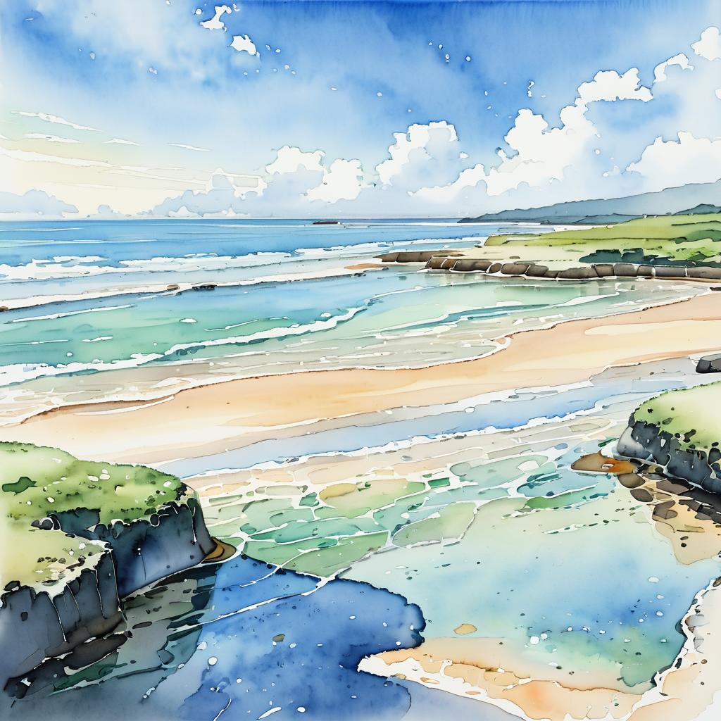 Sunlit Coastal Tidepools in Watercolor