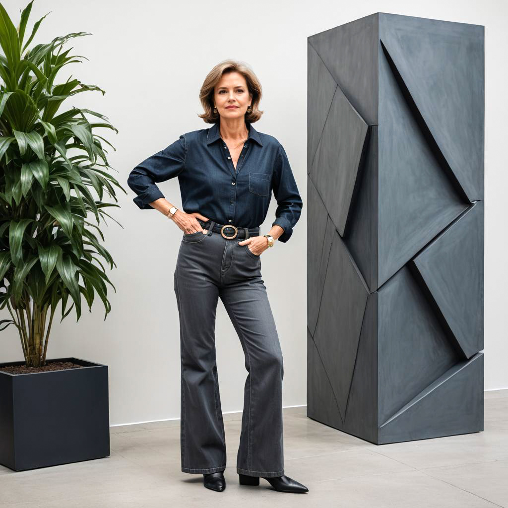 Confident Woman with Modern Art Sculpture