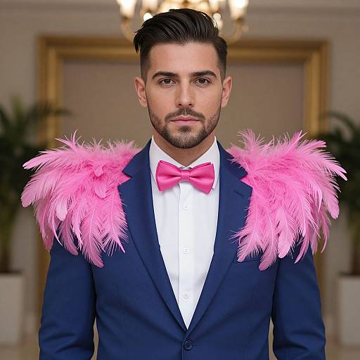 Photograph of a handsome, bearded man in a dark blue suit with pink feather shoulder accents and a pink bow tie, standing in a luxurious,