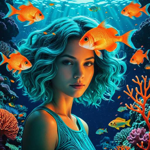 Surreal Underwater Woman with Teal Hair and Orange Fish Surreal Underwater Woman with Teal Hair and Orange Fish