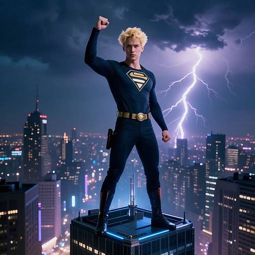 Photorealistic CGI of a blonde, muscular Superman standing on a city rooftop, flexing, with lightning in the stormy night sky.