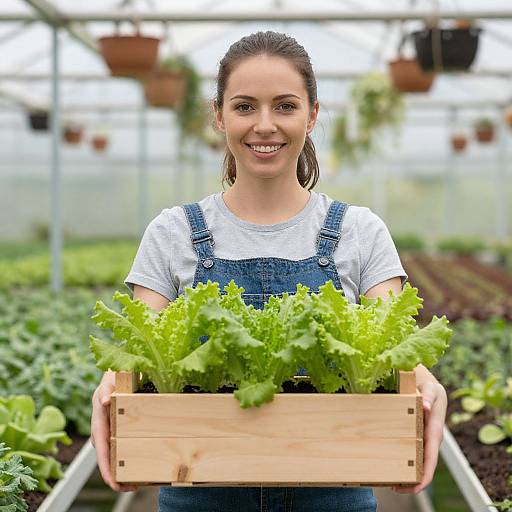 Photograph of a smiling young woman with brown hair in denim overalls and white shirt, holding a wooden box of fresh green lettuce in a brightly lit