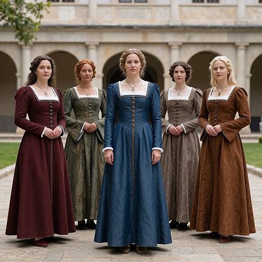Photograph of five women in medieval-style dresses, standing in a courtyard; central woman in blue dress, others in brown and green.
