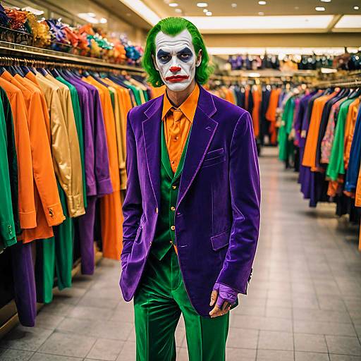 Man in Joker Costume in Clothing Store