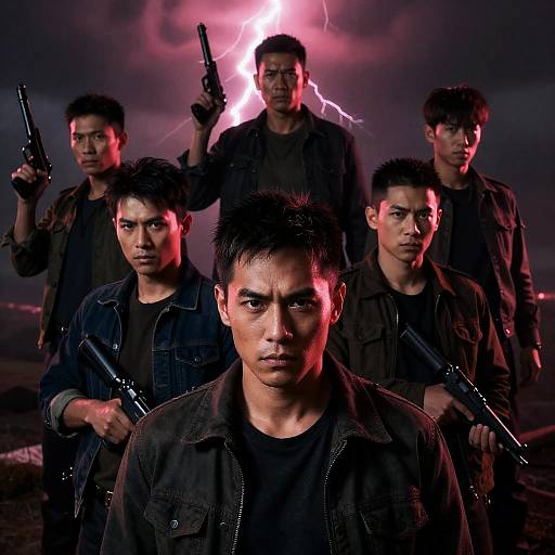 Five Rugged Men in Stormy Landscape