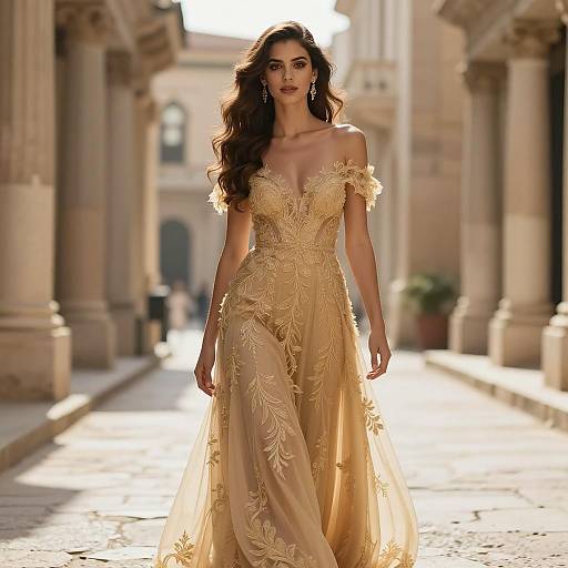 Elegant woman in golden off-shoulder gown