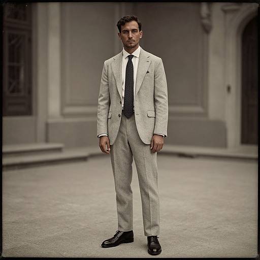 Photograph of a handsome man in a light gray suit, white shirt, black tie, and black shoes, standing confidently in a gray, elegant courtyard