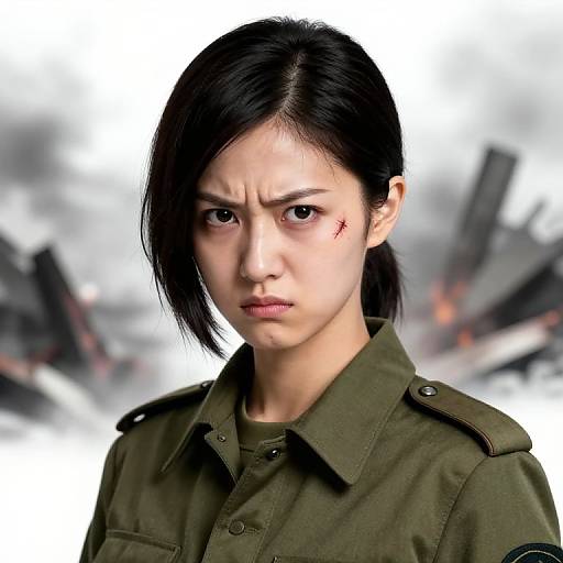 Photograph of an East Asian woman with black hair, serious expression, green military uniform, and a visible scar on her cheek, set against a blurred
