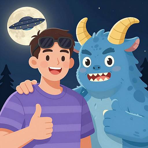 Cheerful Man and Monster Under Moonlight