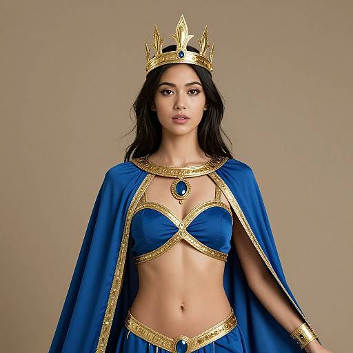 Photograph of a dark-haired woman with a golden crown, wearing a blue velvet royal outfit with gold trim and blue gemstones.