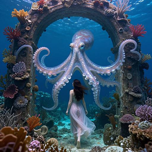 Digital art: A woman in a flowing white dress walks underwater through an illuminated, coral-adorned archway, accompanied by a glowing octopus.