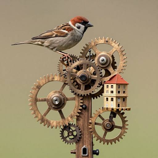Photograph of a small bird with red and white head, perched on intricate wooden gears and clock tower mechanism, against blurred green and brown background.