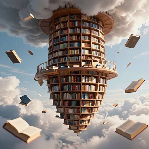 Digital artwork of a towering, cylindrical library floating in a cloudy sky, with numerous books flying around it.