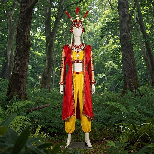 Photograph of a white mannequin in a forest, dressed in a vibrant red and yellow traditional outfit with red headpiece, intricate jewelry, standing