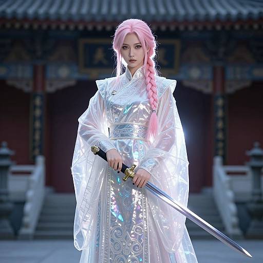 Digital art of a pink-haired woman in a glowing white, ornate kimono, holding a sword, standing in front of a traditional Korean building.