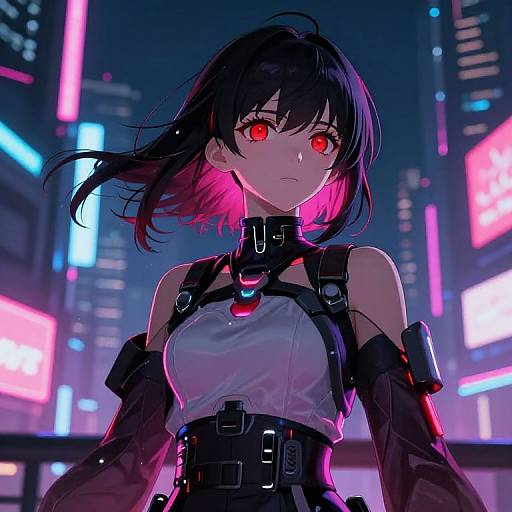 Digital anime-style artwork of a dark-haired woman with glowing red eyes, neon-lit city background, wearing a black harness and futuristic outfit.