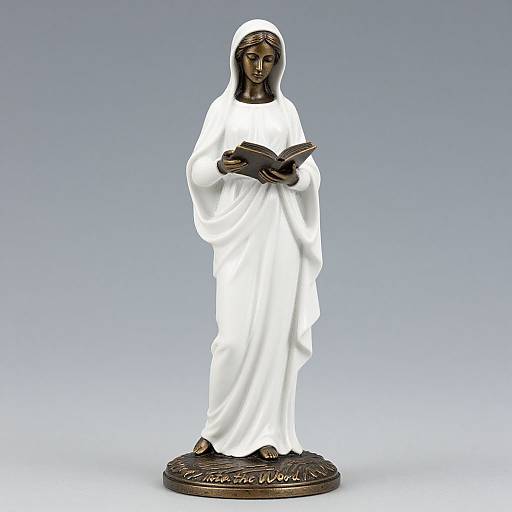 Photograph of a bronze and white-painted statue of a solemn, dark-skinned woman in a flowing white habit, holding an open book, standing