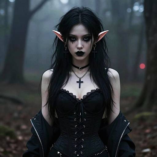 Digital artwork of a pale-skinned, black-haired elf woman with pointed ears, dark lipstick, black lace corset, cross necklace, and black jacket