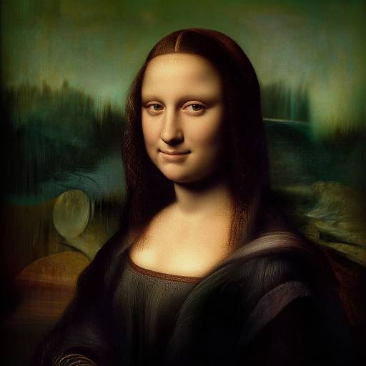 Photographic digital rendering of Leonardo da Vinci's Mona Lisa, with dark brown hair, subtle smile, and Renaissance-style background, blending classic painting with modern