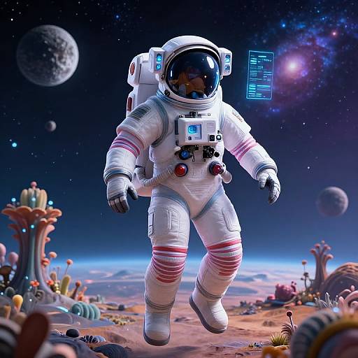 Digital art of an astronaut in a white spacesuit with red stripes, floating on a colorful, alien planet with distant planets and a galaxy in the star