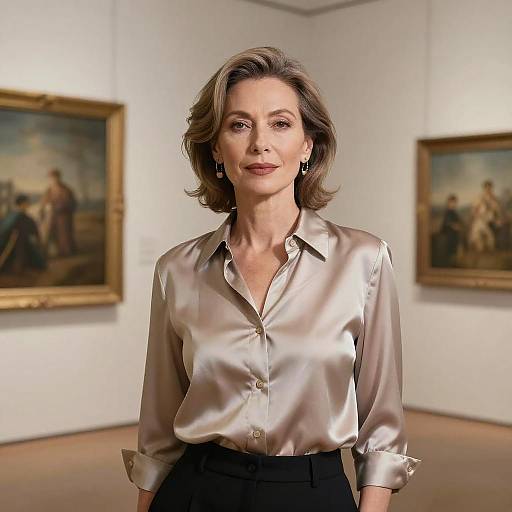Photograph of a mature woman with short brown hair, wearing a shiny silver satin blouse and black pants, standing in an art gallery with two framed paintings
