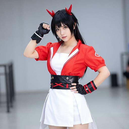 Photograph of a cosplay woman with black hair, red horns, red jacket, white skirt, black gloves, striking a confident pose.
