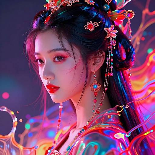 Digital artwork of an Asian woman with glowing, vibrant neon colors, red lipstick, intricate floral hairpiece, and colorful bead jewelry.