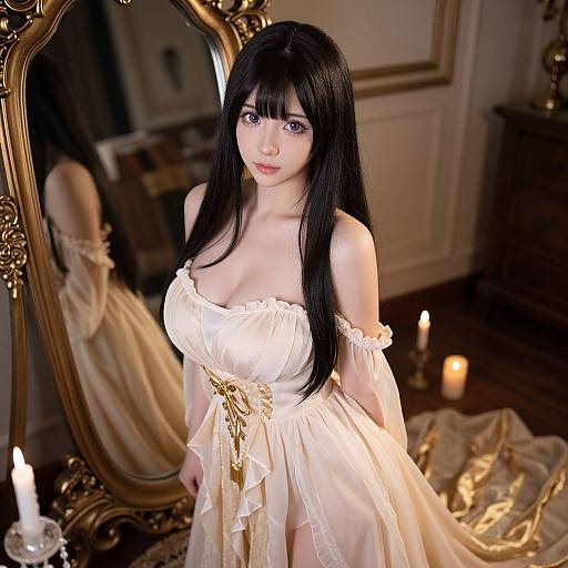 Digital artwork of a pale-skinned, black-haired anime woman in a white, off-shoulder, Victorian-style dress, standing in a dimly