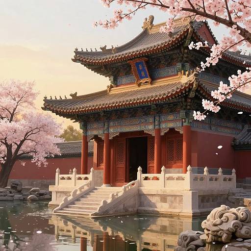 Photograph of a traditional Chinese temple with red walls, ornate roof, and blue and gold accents, surrounded by a cherry blossom tree and reflecting in