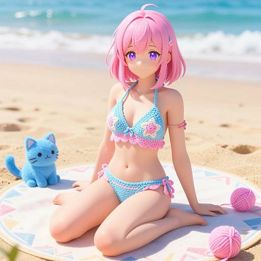 Anime-style digital artwork of a pink-haired girl with purple eyes, wearing a blue polka dot bikini, sitting on a beach with a blue cat plush