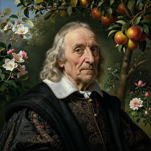 Photorealistic portrait of an elderly white man with wavy gray hair, wearing black embroidered Renaissance attire, surrounded by blooming apple tree.