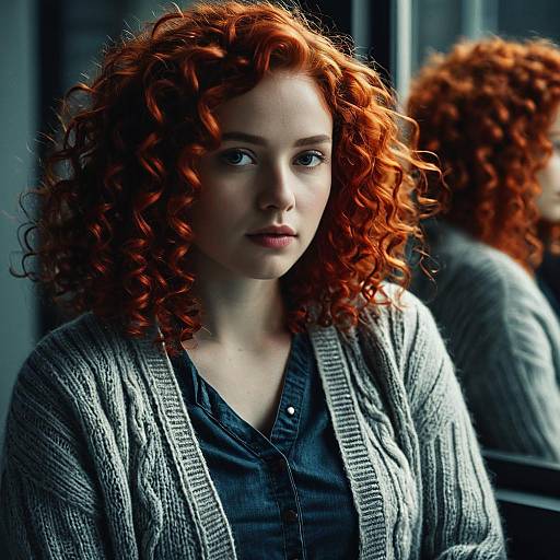 Portrait of Woman with Curly Red Hair and Reflective Expression