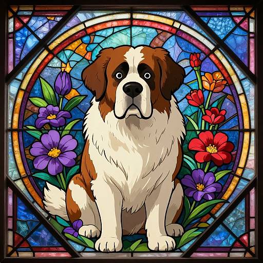 Digital illustration of a brown and white dog with soulful eyes, surrounded by vibrant flowers and set in a circular stained glass window.