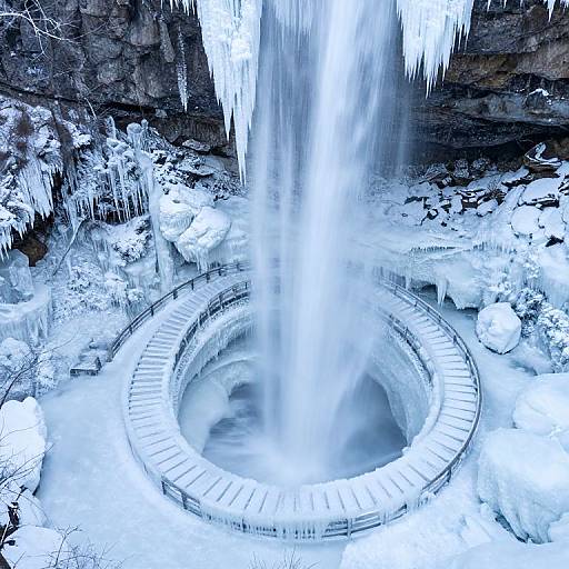 Photograph of a frozen waterfall with icicles hanging from a rocky cliff, cascading into a snow-covered circular pool surrounded by icy rocks.