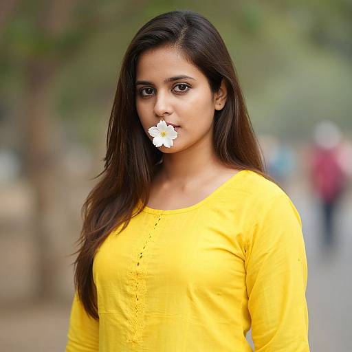 Photograph of a young Indian woman with medium brown skin, long dark hair, wearing a bright yellow long-sleeve top, holding a white flower