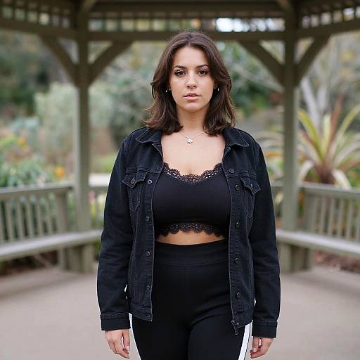 Photograph of a confident woman with medium-length dark hair, wearing a black lace-trimmed crop top, black pants, and denim jacket, standing