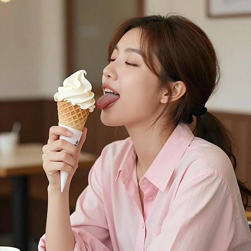 Joyful Asian Woman Enjoying Ice Cream