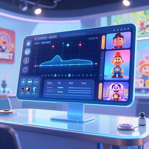 Photorealistic CGI of a modern, neon-lit touchscreen display showing a waveform graph, app icons, and cartoon character thumbnails in a brightly lit tech