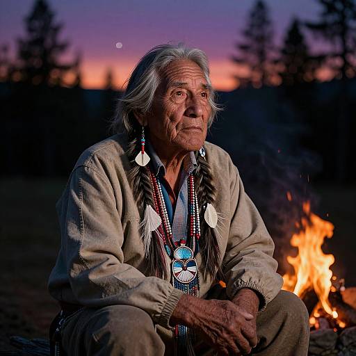 Photograph of an elderly Native American man with long gray hair, wearing traditional beaded clothing, sitting by a campfire at sunset.